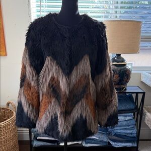 Stradivarius Black Chevron Stripe Faux Fur Jacket Coat